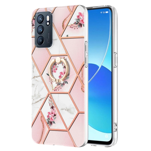 

For OPPO Reno6 5G Splicing Marble Flower Pattern TPU Ring Holder Case(Pink Flower)