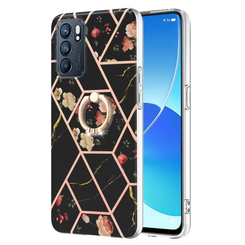 

For OPPO Reno6 5G Splicing Marble Flower Pattern TPU Ring Holder Case(Black Flower)