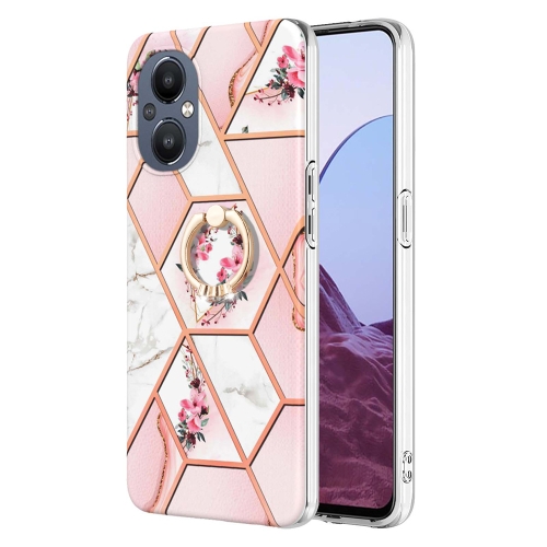 

For OnePlus Nord N20 5G Splicing Marble Flower Pattern TPU Ring Holder Case(Pink Flower)