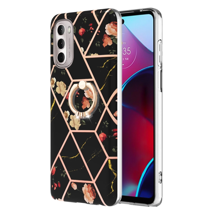 

For Motorola Moto G Stylus 2022 4G Splicing Marble Flower Pattern TPU Ring Holder Case(Black Flower)