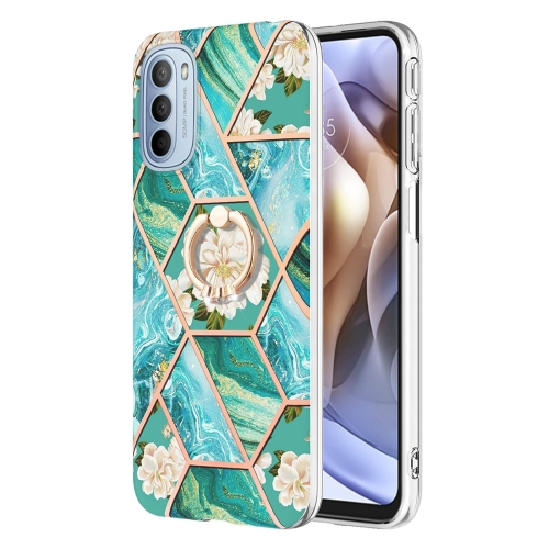 

For Motorola Moto G31 / G41 Splicing Marble Flower Pattern TPU Ring Holder Case(Blue Flower)