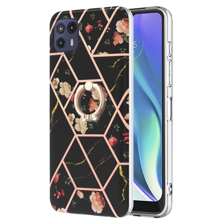 

For Motorola Moto G50 5G Splicing Marble Flower Pattern TPU Ring Holder Case(Black Flower)