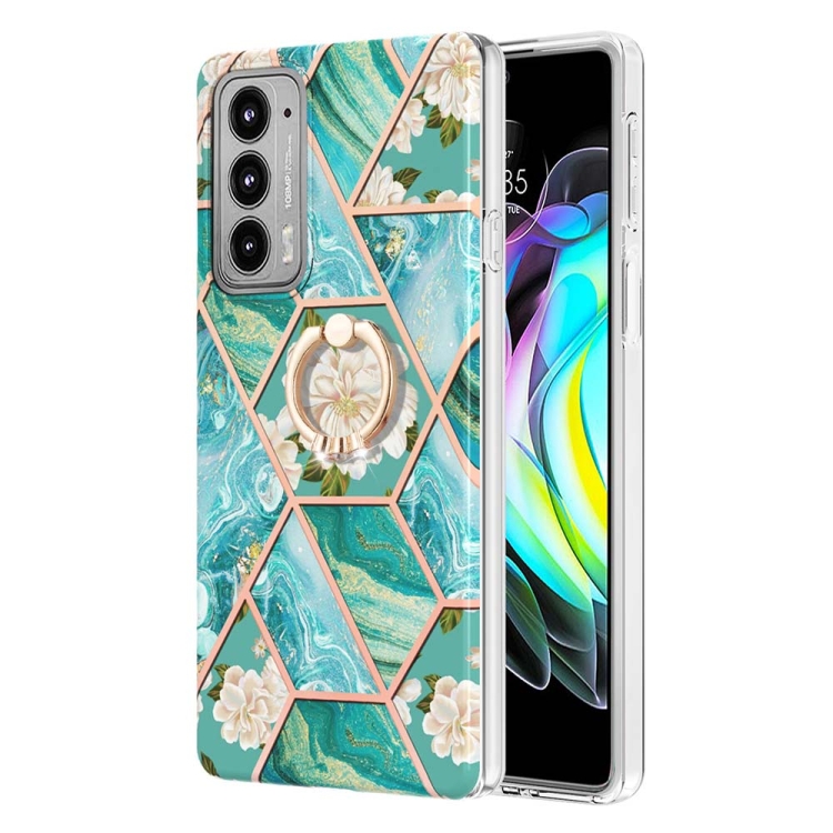 

For Motorola Edge 20 Splicing Marble Flower Pattern TPU Ring Holder Case(Blue Flower)