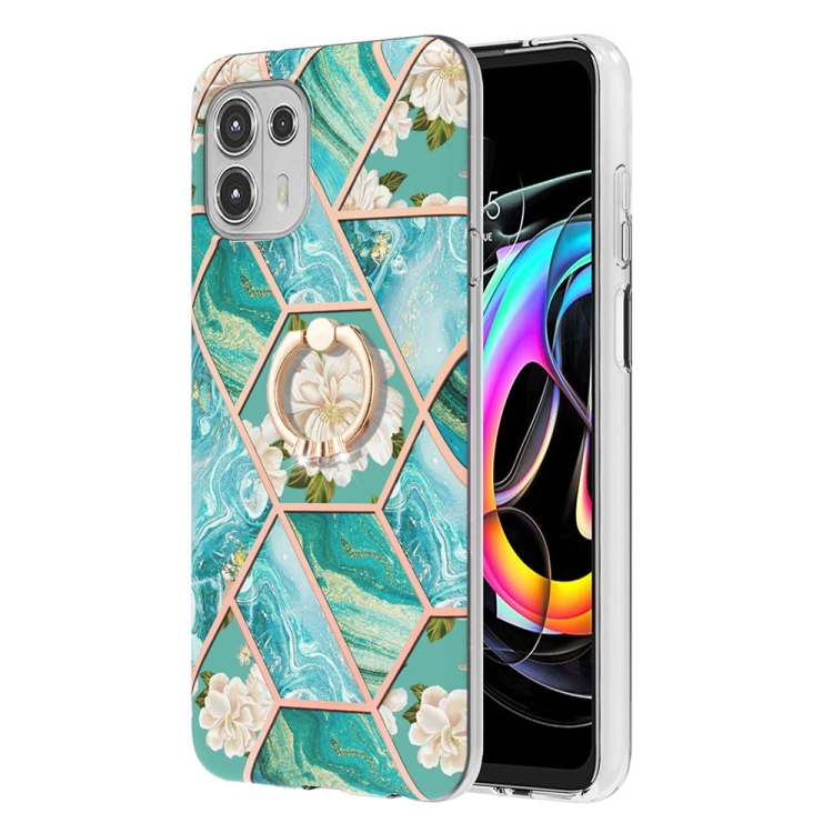 

For Motorola Edge 20 Lite Splicing Marble Flower Pattern TPU Ring Holder Case(Blue Flower)