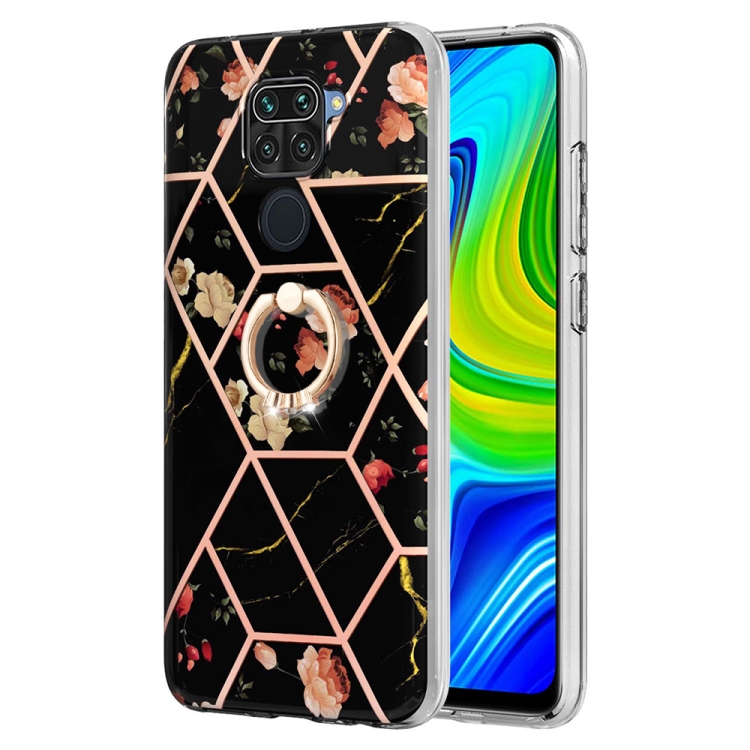 

For Xiaomi Redmi Note 9 / 10X 4G Splicing Marble Flower Pattern TPU Ring Holder Case(Black Flower)