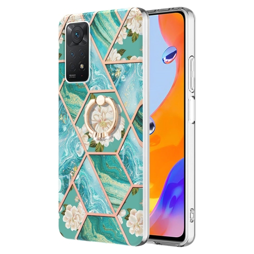 

For Xiaomi Redmi Note 11 Pro 5G / 4G Foreign Splicing Marble Flower Pattern TPU Ring Holder Case(Blue Flower)