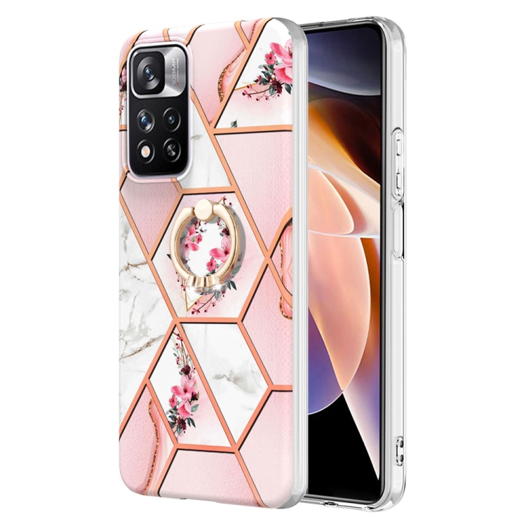 

For Xiaomi Redmi Note 11 Pro / Note 11 Pro+ Splicing Marble Flower Pattern TPU Ring Holder Case(Pink Flower)