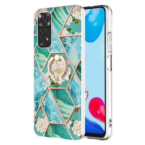 

For Xiaomi Redmi Note 11s / Note 11 4G Foreign Splicing Marble Flower Pattern TPU Ring Holder Case(Blue Flower)