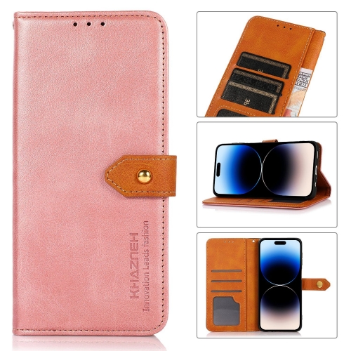 

KHAZNEH Dual-color Cowhide Texture Flip Leather Phone Case For iPhone 14 Pro Max(Rose Gold)