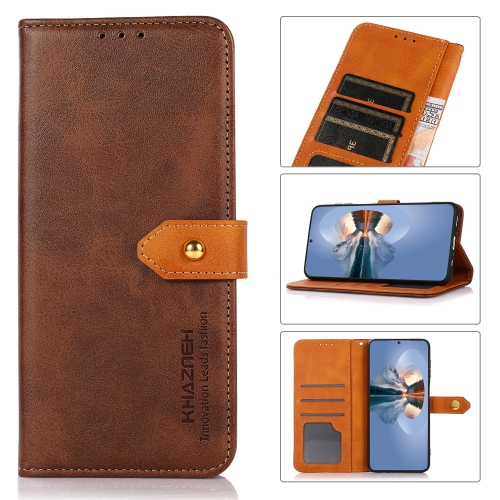 

KHAZNEH Dual-color Cowhide Texture Flip Leather Phone Case For iPhone 16 Pro(Brown)
