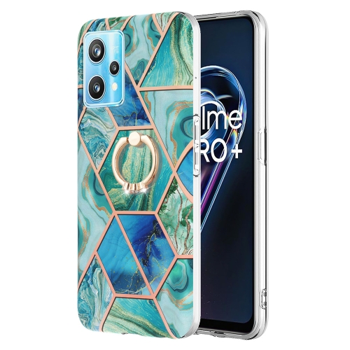 

For OPPO Realme 9 Pro+ 5G Splicing Marble Pattern Dual-side IMD TPU Ring Holder Case(Green)