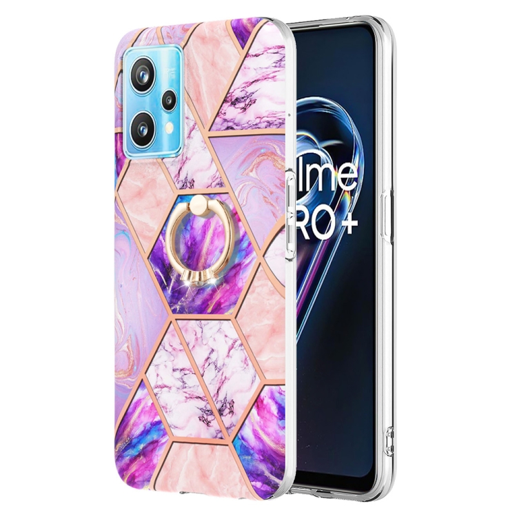 

For OPPO Realme 9 Pro 5G Splicing Marble Pattern Dual-side IMD TPU Ring Holder Case(Light Purple)