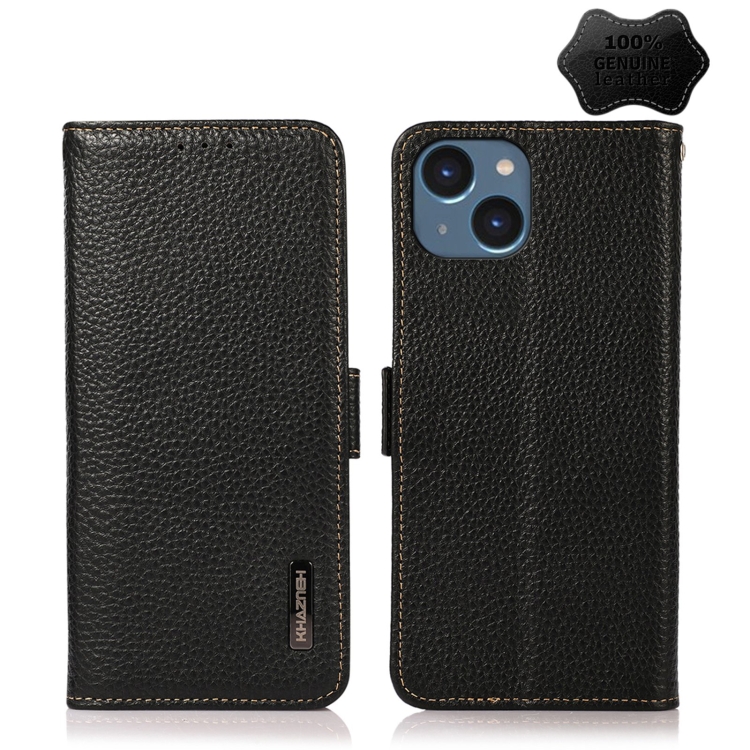 

For iPhone 14 Plus KHAZNEH Side-Magnetic Litchi Genuine Leather RFID Phone Case (Black)