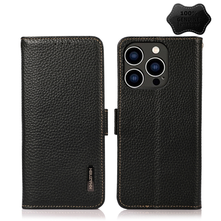 

For iPhone 14 Pro KHAZNEH Side-Magnetic Litchi Genuine Leather RFID Phone Case (Black)
