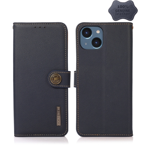 

For iPhone 14 Plus KHAZNEH Custer Genuine Leather RFID Phone Case (Blue)