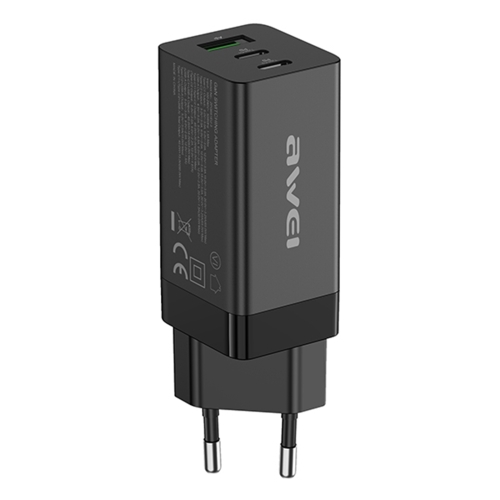 awei PD9 65W Dual Type-C / USB-C + USB GaN Fast Charging Travel Charger, EU Plug(Black)