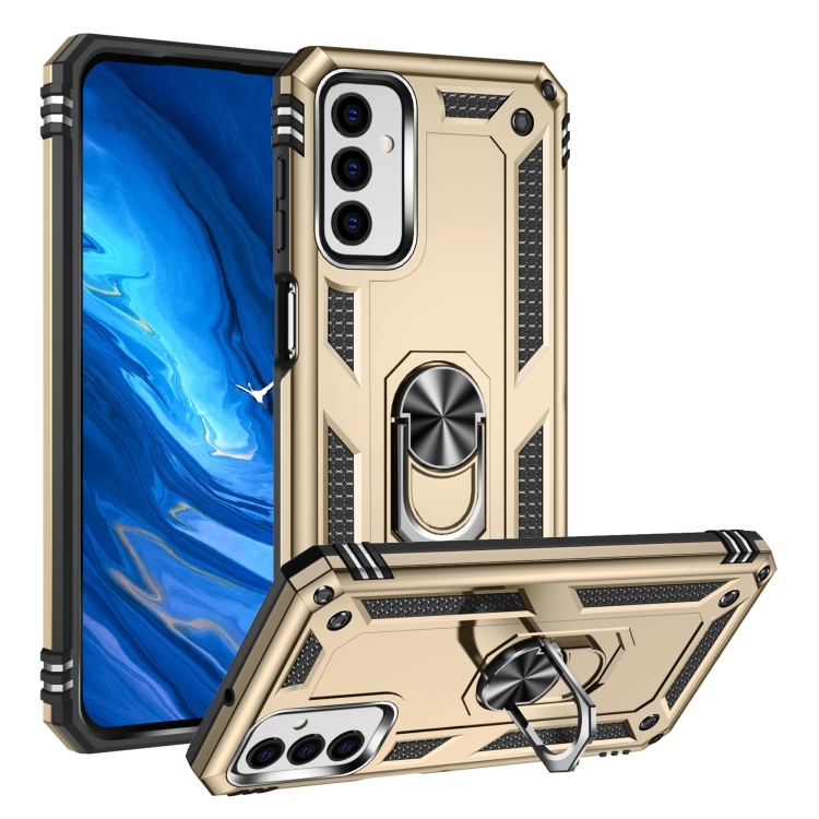 

For Samsung Galaxy M23 Shockproof TPU + PC Holder Phone Case(Gold)