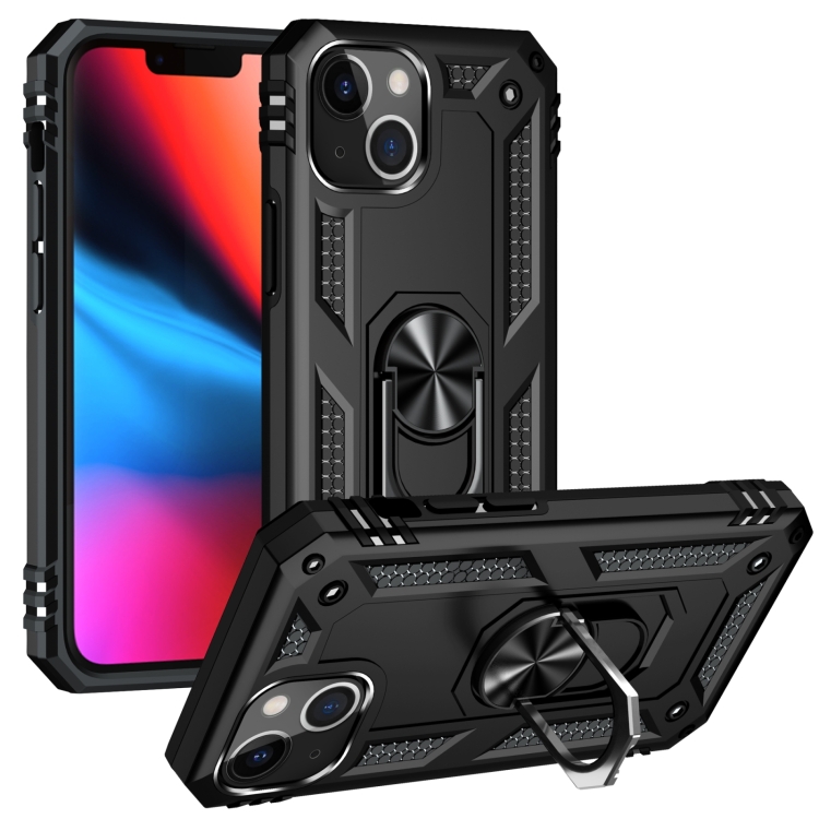 

For iPhone 14 Shockproof TPU + PC Ring Holder Phone Case (Black)