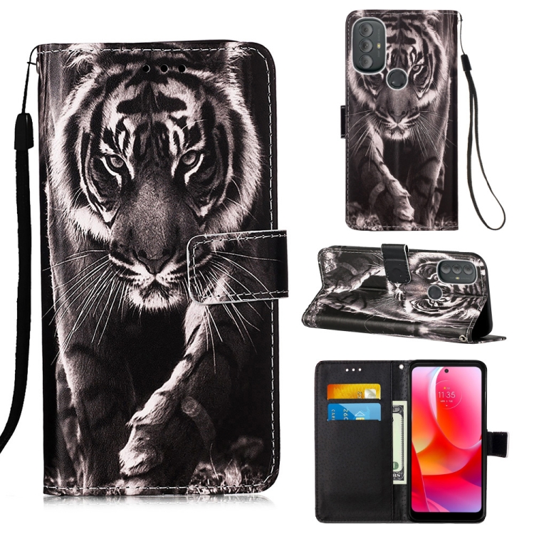 

For Motorola Moto G Power 2022 Colored Drawing Plain Weave Leather Phone Case(Black White Tiger)