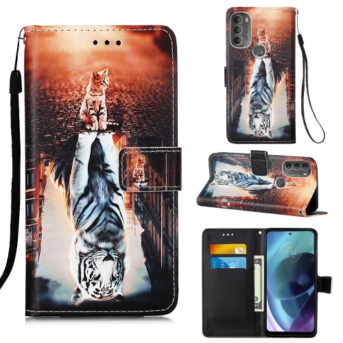 

For Motorola Moto G31 / G41 Colored Drawing Plain Weave Leather Phone Case(Cat And Tiger)