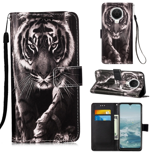 

For Nokia G20 / G10 Colored Drawing Plain Weave Leather Phone Case(Black White Tiger)