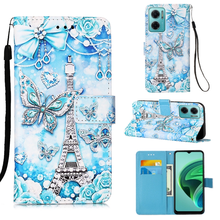 

For Xiaomi Redmi 10 Prime+ 5G/Note 11E Colored Drawing Plain Weave Leather Phone Case(Tower Butterfly)