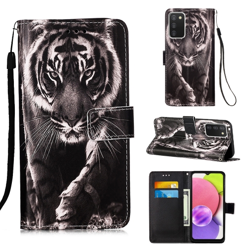 

For Samsung Galaxy A03s 165.8mm Colored Drawing Plain Weave Leather Phone Case(Black White Tiger)