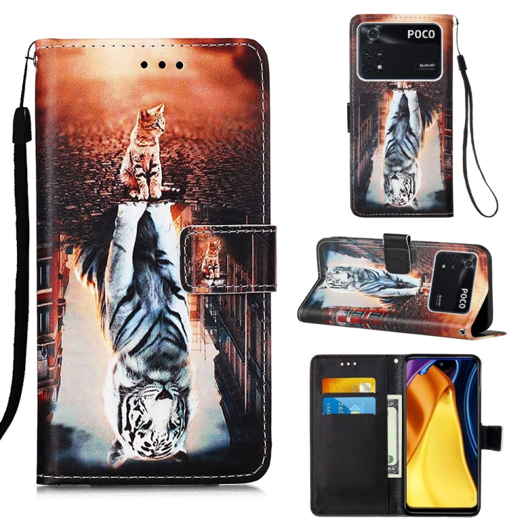 

For Xiaomi Poco M4 Pro 4G Colored Drawing Plain Weave Leather Phone Case(Cat And Tiger)