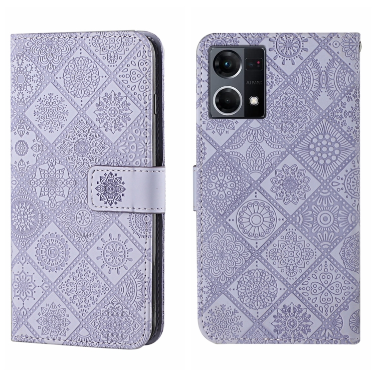 

For OPPO Reno7 Ethnic Style Embossed Pattern Leather Phone Case(Purple)