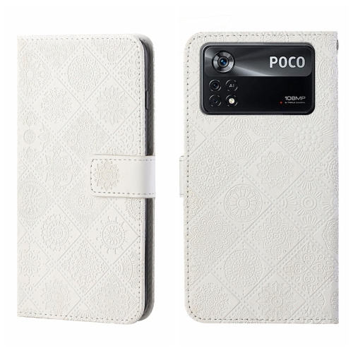 

For Xiaomi Poco X4 Pro 5G Ethnic Style Embossed Pattern Leather Phone Case(White)