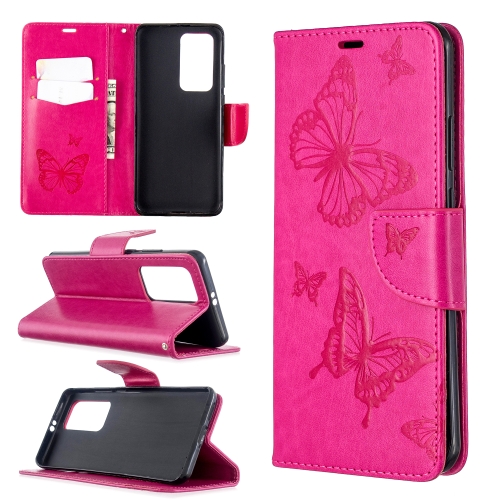 

For Huawei P40 Pro Two Butterflies Embossing Pattern Horizontal Flip Leather Case with Holder & Card Slot & Wallet & Lanyard(Rose Red)