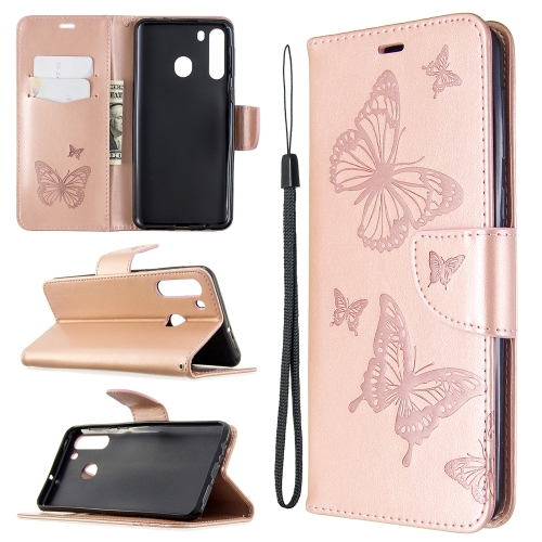 

For Galaxy A21 Two Butterflies Embossing Pattern Horizontal Flip Leather Case with Holder & Card Slot & Wallet & Lanyard(Rose Gold)