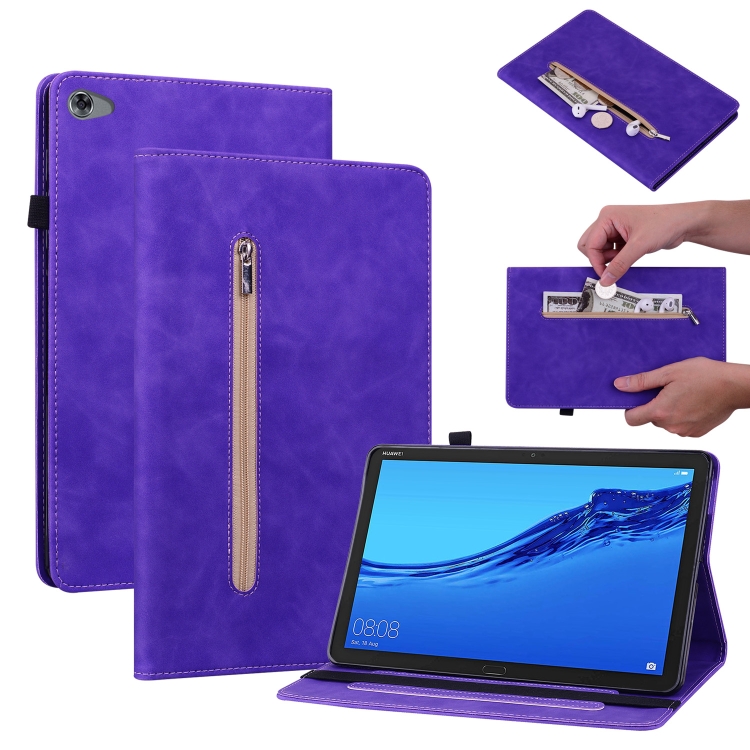 

For Huawei MediaPad M5 Lite 10.1 Skin Feel Solid Color Zipper Leather Tablet Case(Purple)