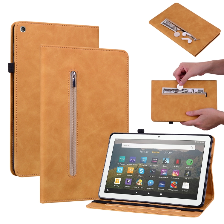 

For Amazon Kindle Fire HD 8 Skin Feel Solid Color Zipper Leather Tablet Case(Yellow)