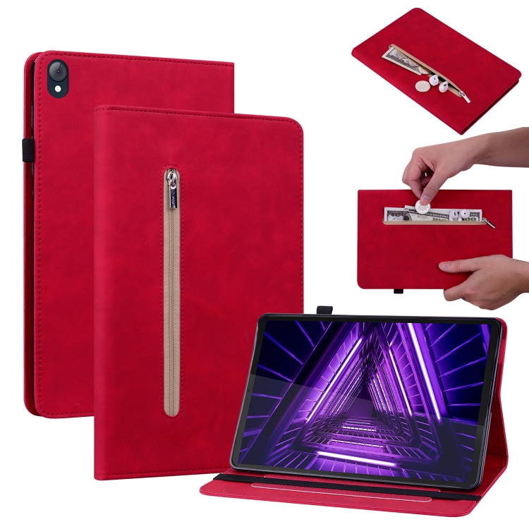 

For Lenovo Tab K10 Skin Feel Solid Color Zipper Leather Tablet Case(Red)