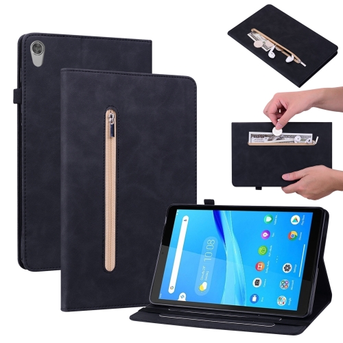 

For Lenovo Tab M8 HD TB-8505F Skin Feel Solid Color Zipper Leather Tablet Case(Black)