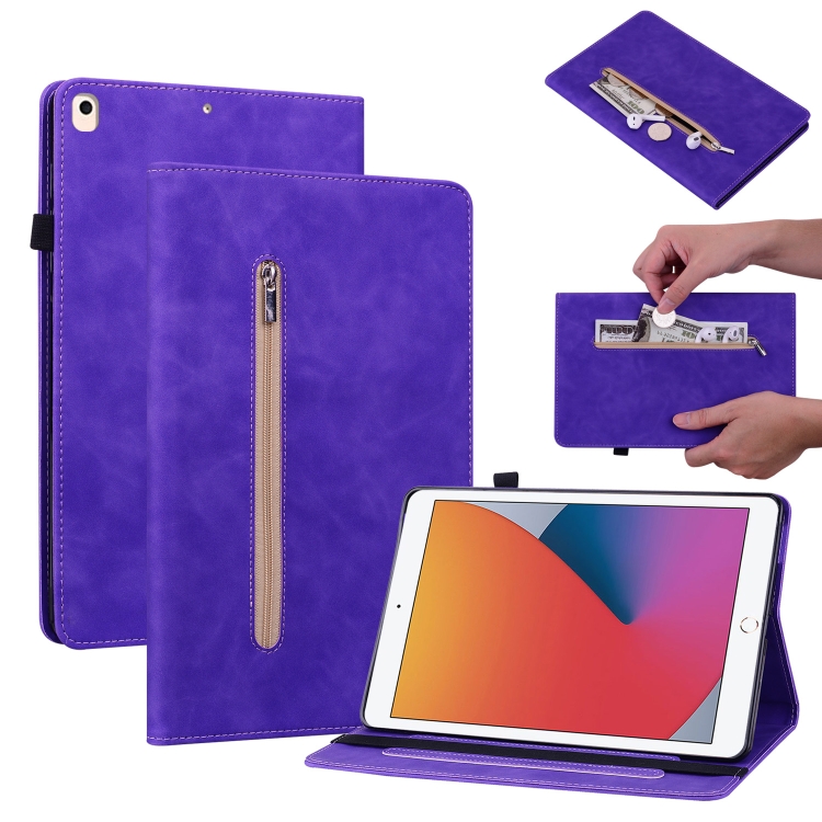 

Skin Feel Solid Color Zipper Smart Leather Tablet Case For iPad 10.2 2021 / 2020 / 2019 / Air 10.5 2019(Purple)