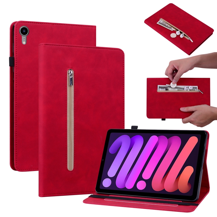 

For iPad mini 6 Skin Feel Solid Color Zipper Smart Leather Tablet Case(Red)