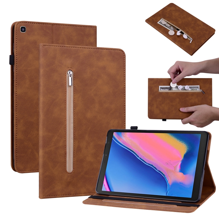 

For Samsung Tab A 8.0 2019 8.0 T290 Skin Feel Solid Color Zipper Leather Tablet Case(Brown)