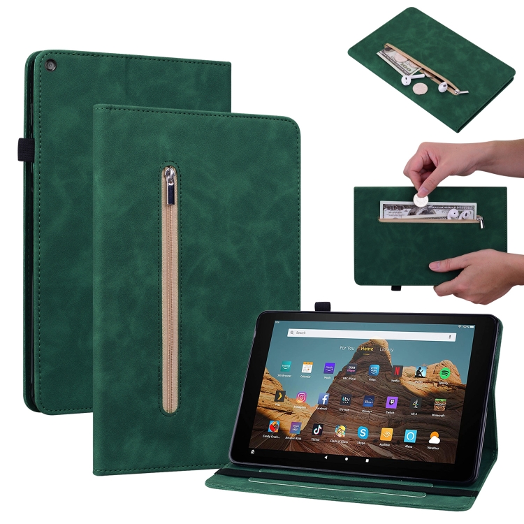 

For Amazon Kindle HD 10 2019 / 2017 Skin Feel Solid Color Zipper Smart Leather Tablet Case(Green)