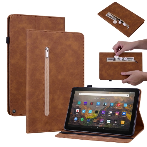 

For Amazon Kindle HD 10 2021 / HD 10 Plus 2021 Skin Feel Solid Color Zipper Smart Leather Tablet Case(Brown)