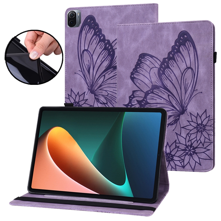 

For Xiaomi Pad 5 Big Butterfly Embossed Leather Tablet Case(Purple)