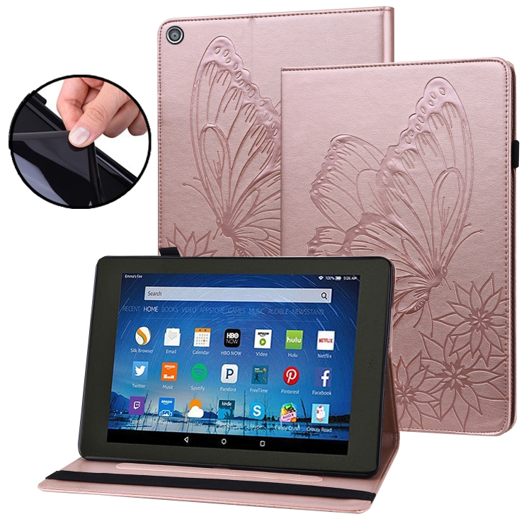 

For Amazon Kindle Fire HD 8 2018/2017/2016/2015 Big Butterfly Embossed Smart Leather Tablet Case(Rose Gold)