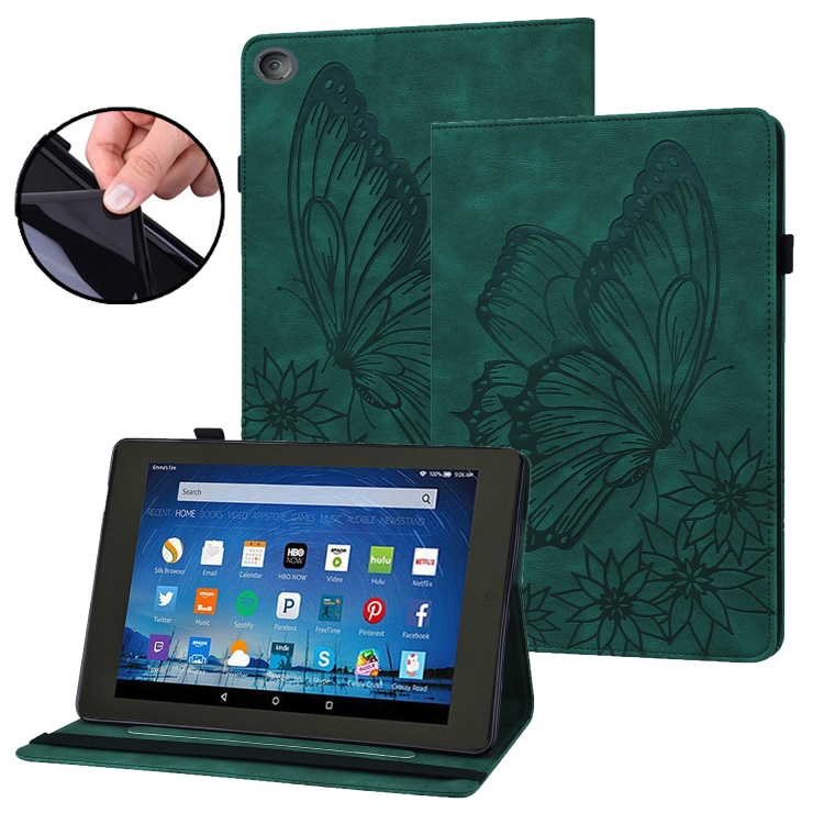 

For Amazon Kindle Fire HD 10 2019 / 2017 Big Butterfly Embossed Smart Leather Tablet Case(Green)