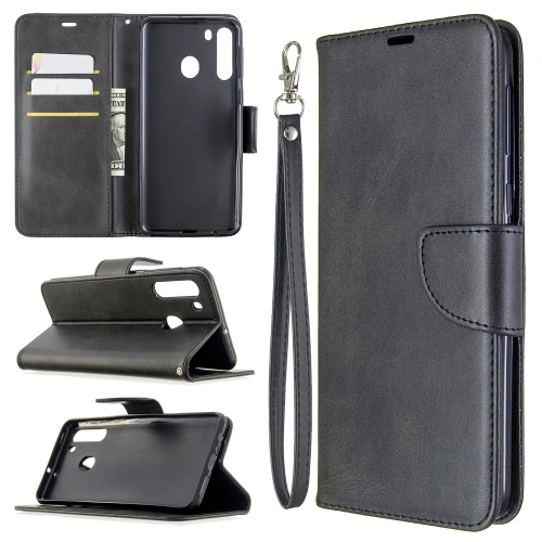 

For Galaxy A21 Retro Lambskin Texture Pure Color Horizontal Flip PU Leather Case with Holder & Card Slots & Wallet & Lanyard(Black)