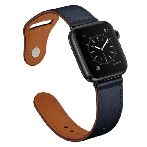 Nail Silver Buckle Leather Watch Band For Apple Watch Series 9&8&7 41mm / SE 3&SE 2&6&SE&5&4 40mm / 3&2&1 38mm(Dark Blue) for apple watch series 7 41mm 6