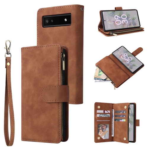 

For Google Pixel 6a Multifunctional Frosted Zipper Wallet Leather Phone Case(Brown)