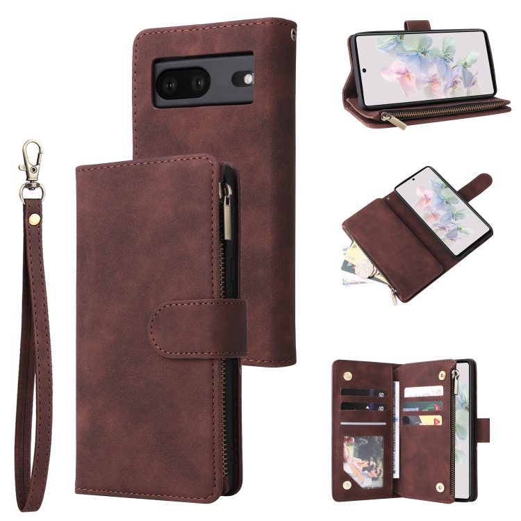

For Google Pixel 7 5G Multifunctional Frosted Zipper Wallet Leather Phone Case(Coffee)