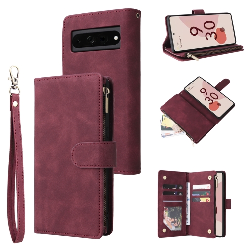 

For Google Pixel 7 Pro 5G Multifunctional Frosted Zipper Wallet Leather Phone Case(Wine Red)