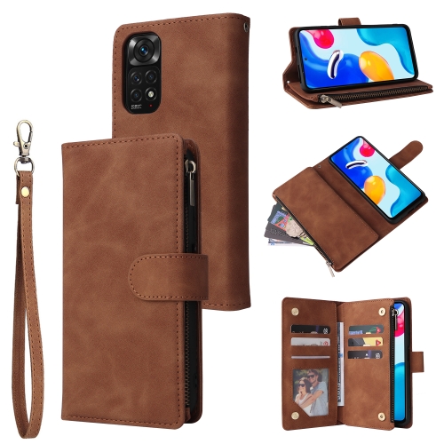 

For Xiaomi Redmi Note 11S Multifunctional Frosted Zipper Wallet Leather Phone Case(Brown)